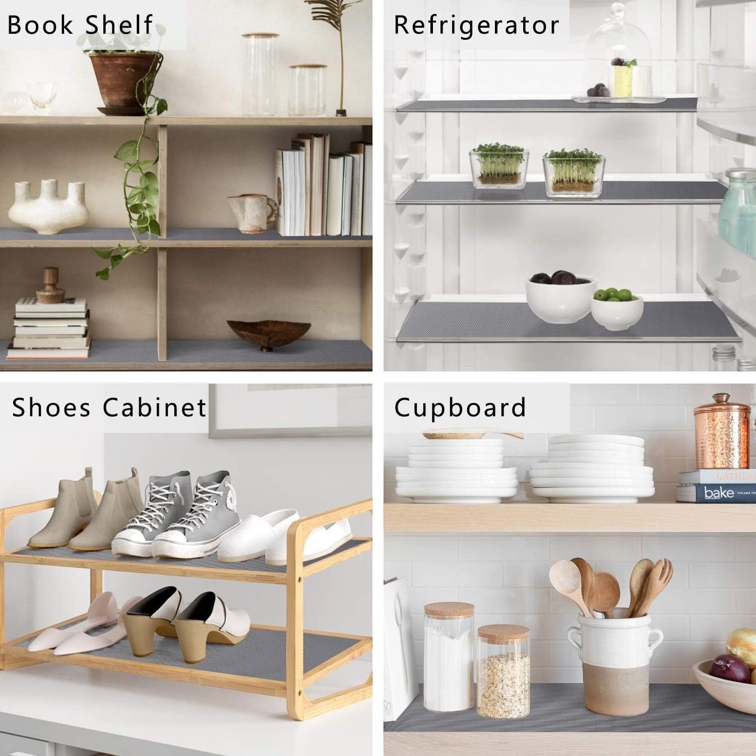 Go Hooked grey EVA anti-slip liner on shelves in a bookcase, refrigerator, shoe cabinet, and cupboard.