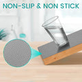 Go Hooked grey EVA anti-slip & non-stick liner with textured grid pattern, shown preventing a glass of water from sliding.