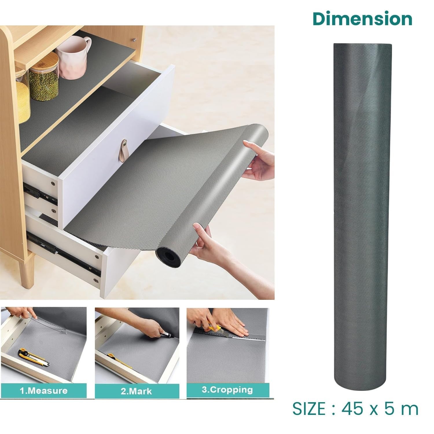 Go Hooked grey EVA anti-slip shelf and drawer liner, washable, waterproof, and reusable. Textured surface prevents items from sliding.