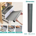 GoHooked grey EVA waterproof non-slip shelf liner roll being unrolled into a drawer. The liner is washable and cuttable.