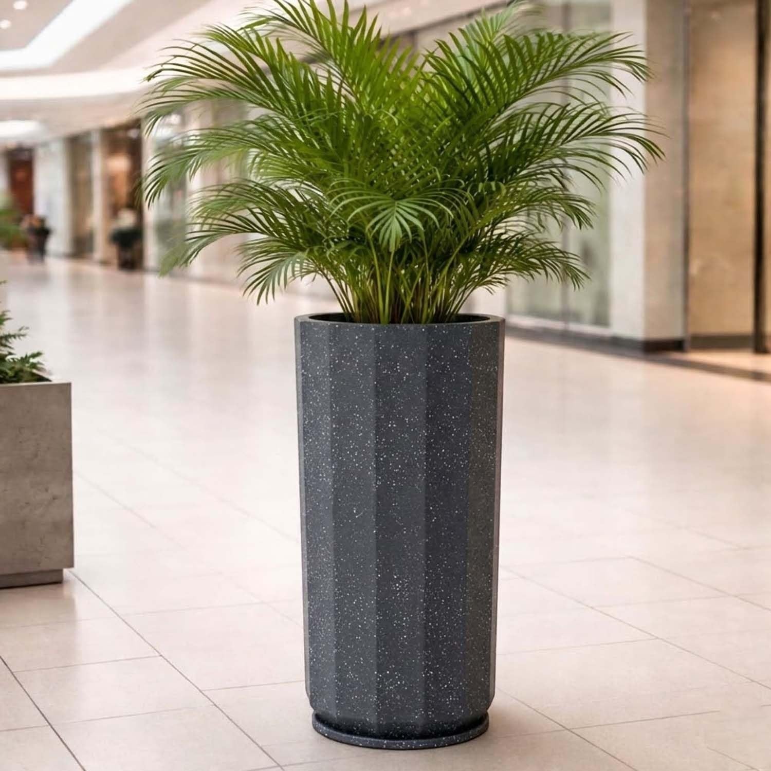 GoHooked tall grey faceted polymer planter with a matching tray, ideal for indoor or outdoor use.