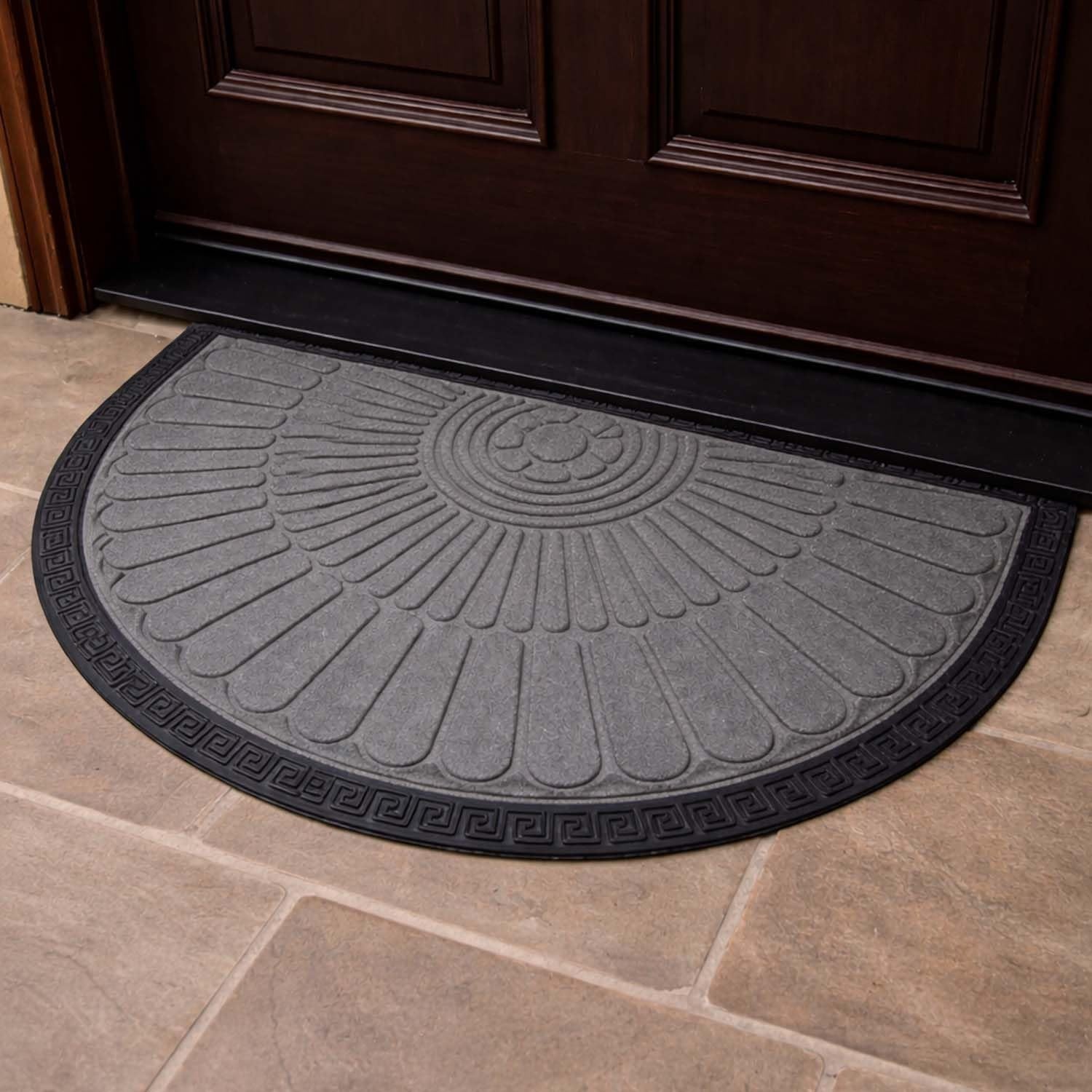 GoHooked grey half-round rubber doormat with raised sunburst and Greek key border pattern