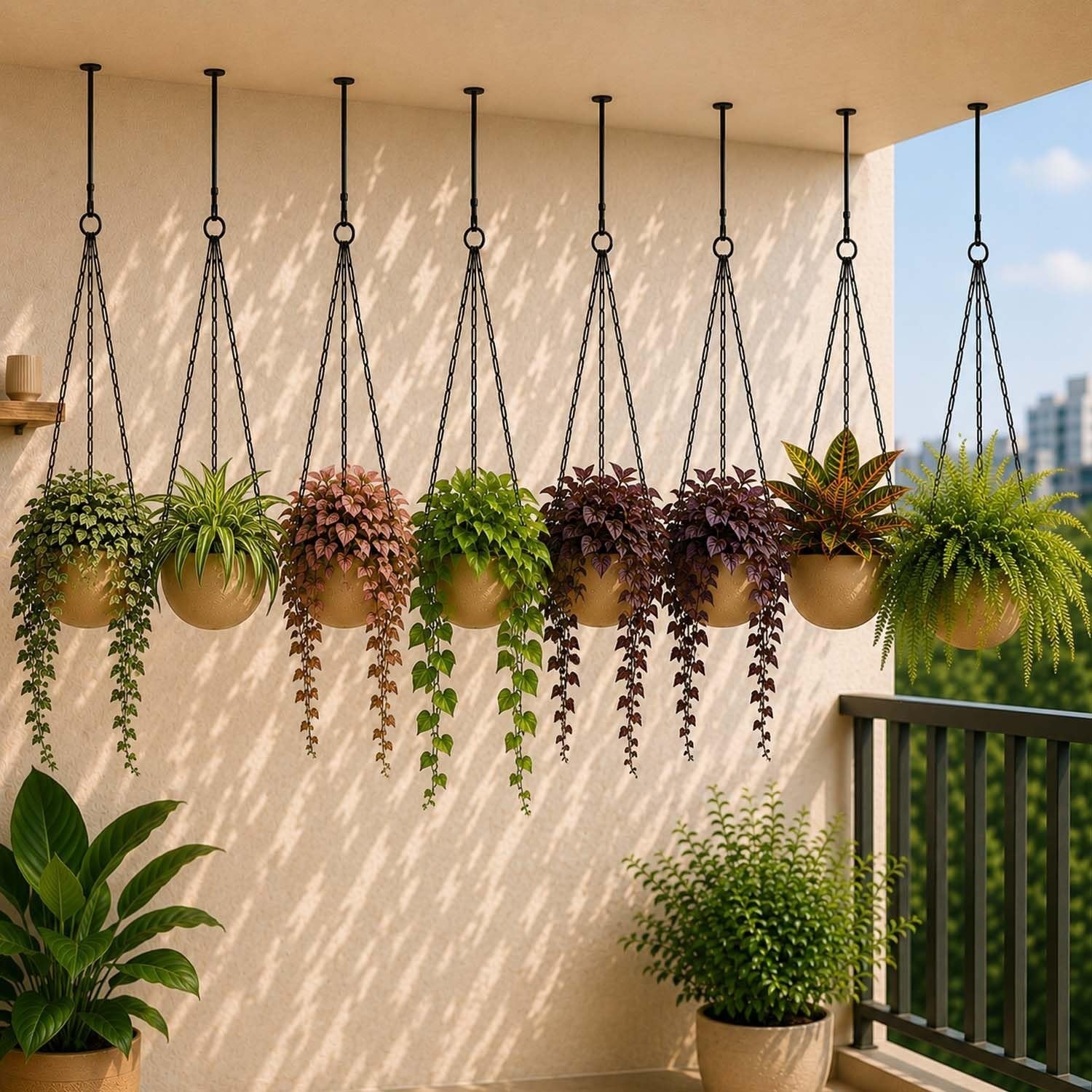 Go Hooked grey polymer round hanging planter pots with metal chains, set of 10, for indoor/outdoor use.