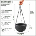 GoHooked grey textured polymer hanging planter pot with metal chain, 7 inch diameter, 4 inch height.