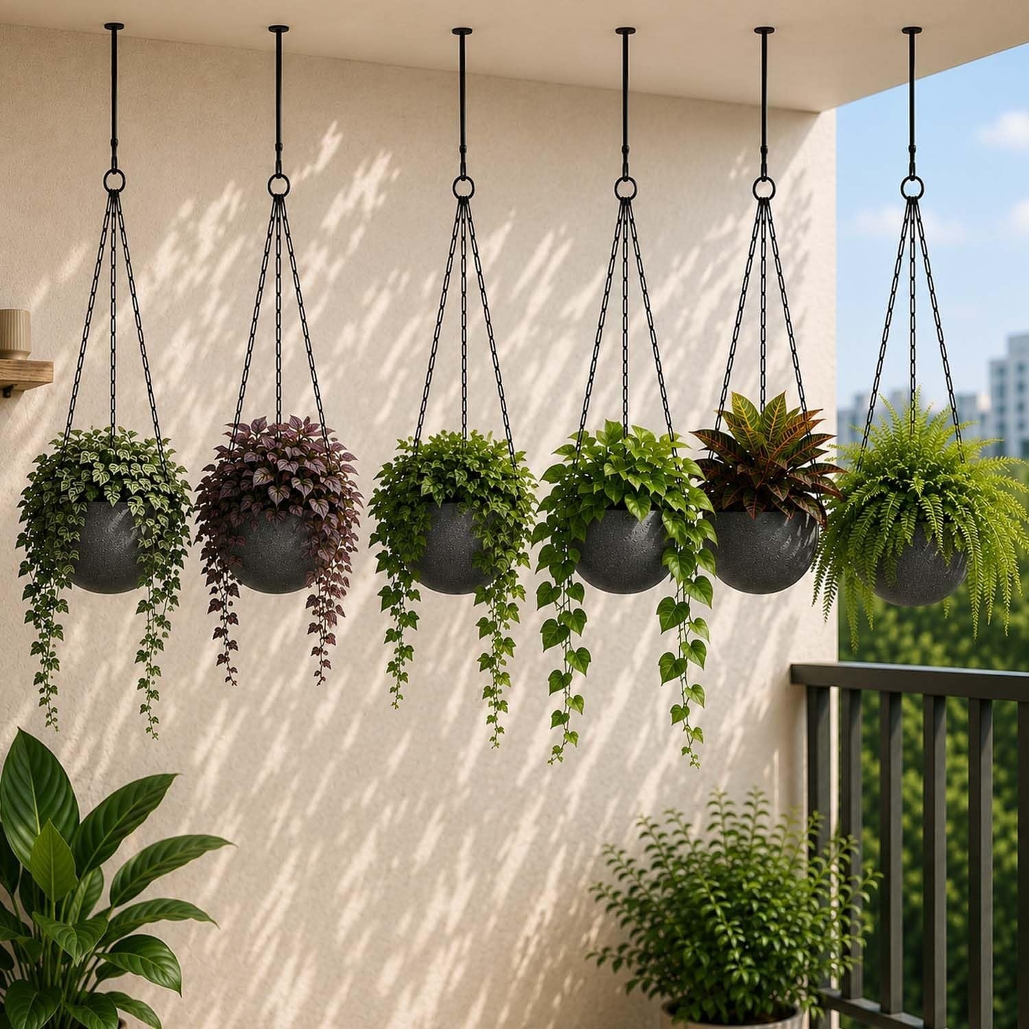 Go Hooked grey 7-inch round polymer hanging planter pots with metal chains, textured stone finish, pack of 10.