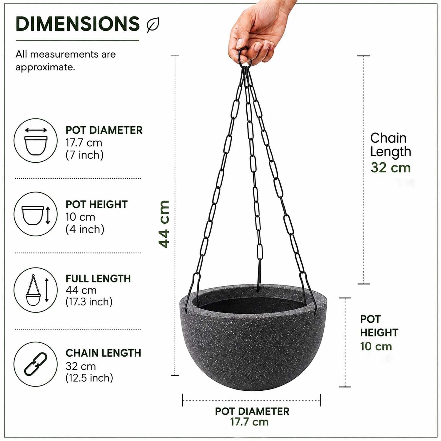 Go Hooked grey textured polymer round hanging planter pot with metal chain, 7 inch diameter, 4 inch height.