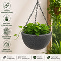 GoHooked grey textured polymer hanging planter pot with metal chain, 7 inch round bowl for indoor/outdoor use.