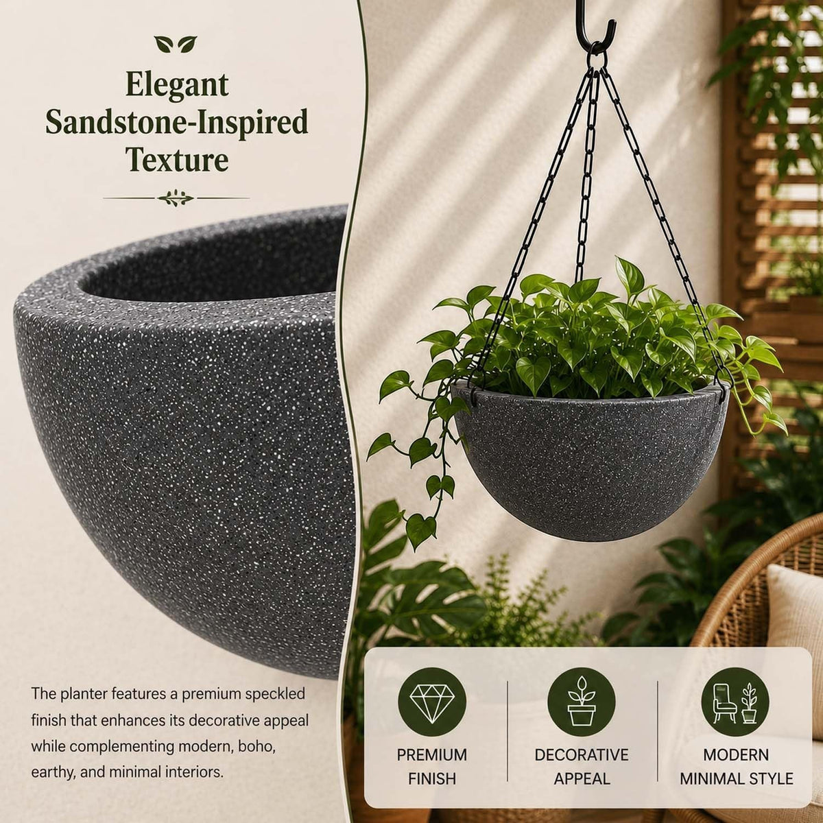 Go Hooked grey speckled polymer hanging planter pot with metal chain, 7 inch round bowl design for indoor/outdoor use.