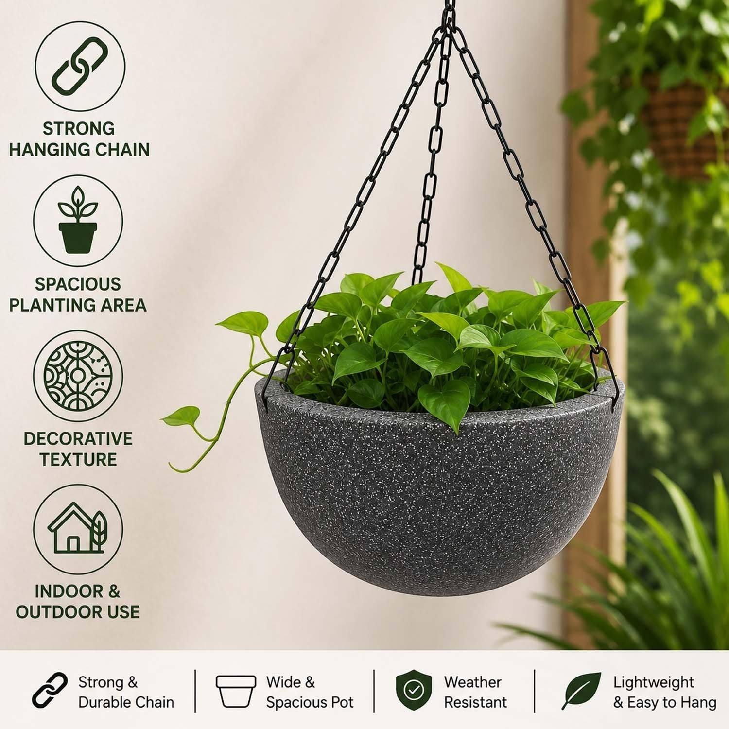 GoHooked grey textured polymer hanging planter pot with metal chain, 7 inch round bowl for indoor/outdoor use.