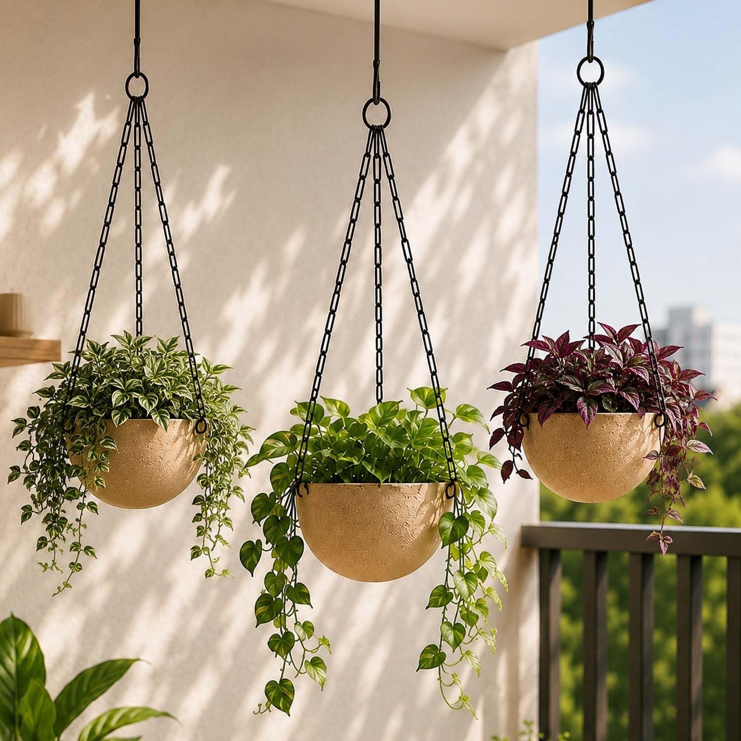 Go Hooked Henri 7-inch round grey polymer hanging planter pots with textured finish and metal chain, pack of 8.