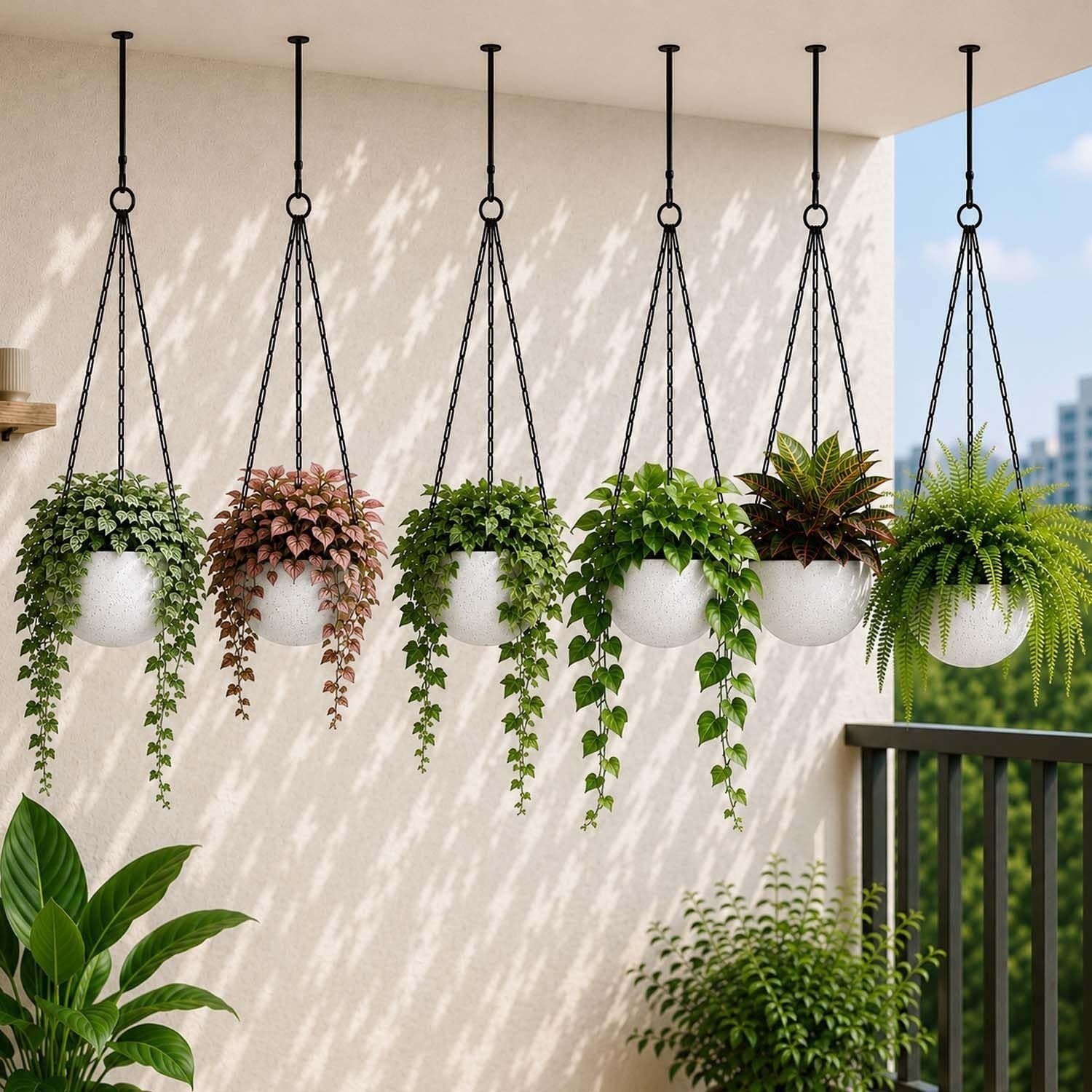Go Hooked Henri 7-inch grey textured polymer hanging planter pots with metal chains, pack of 8, for indoor/outdoor use.