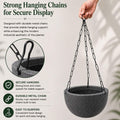 GoHooked grey textured polymer hanging planter pot with metal chain, 7 inch round bowl design for indoor/outdoor use.
