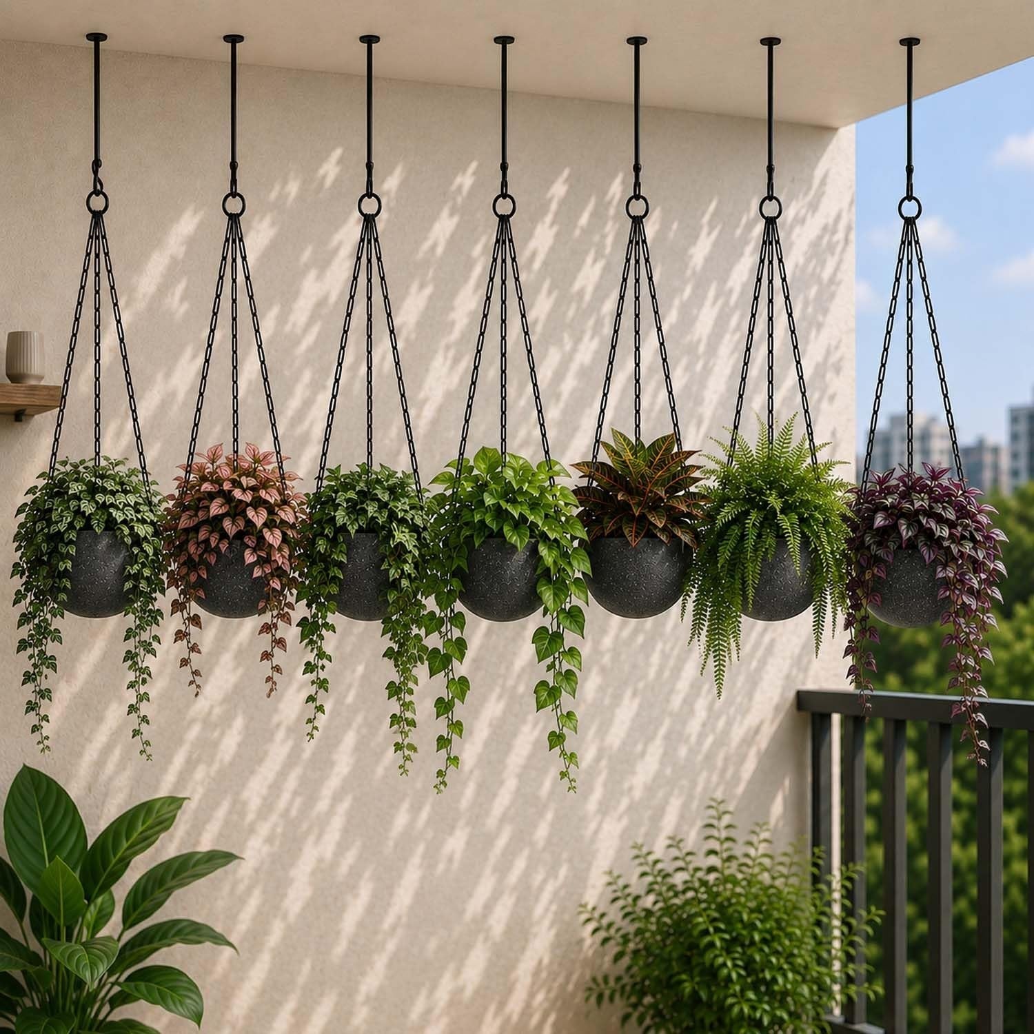 Go Hooked grey textured polymer round hanging planter pots with metal chains, pack of 10, for indoor/outdoor use.