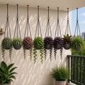 GoHooked grey textured polymer hanging planter pots with metal chains, pack of 8, 7 inch round decorative pots for indoor/outdoor use.