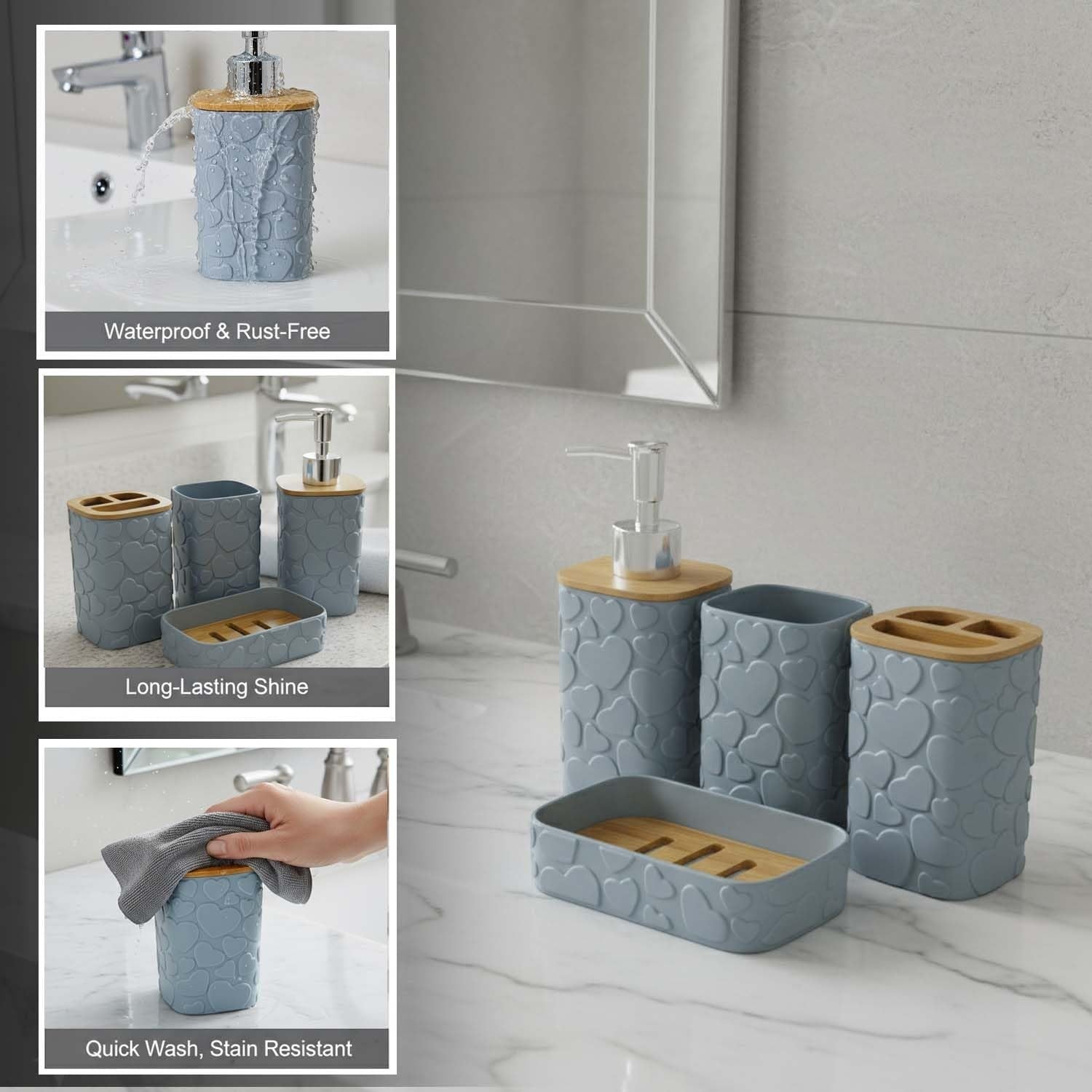 Go Hooked grey plastic 4-piece bathroom set with heart embossed design, includes soap dispenser, tumbler, toothbrush holder, and soap dish.