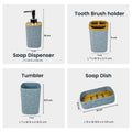 Go Hooked grey plastic bathroom set with heart embossed design, includes soap dispenser, toothbrush holder, tumbler, and soap dish.