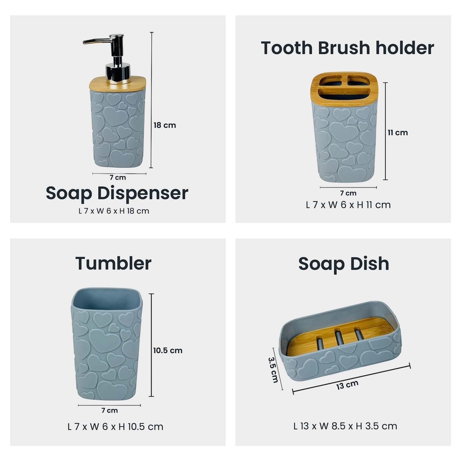 Go Hooked grey plastic bathroom set with heart embossed design, includes soap dispenser, toothbrush holder, tumbler, and soap dish.
