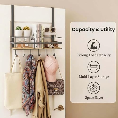 GoHooked grey metal over-door organizer with wooden shelf and 5 hooks, holding bags, scarves, coats, and hats.