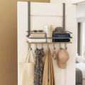 GoHooked grey metal over-door organizer with wooden shelf, 5 hooks, holding books, sunglasses, hat, jeans, scarf, coat, and bag.