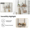 GoHooked grey metal over-door organizer rack with wooden shelf and 5 hooks, holding towels, toiletries, bags, and hats.