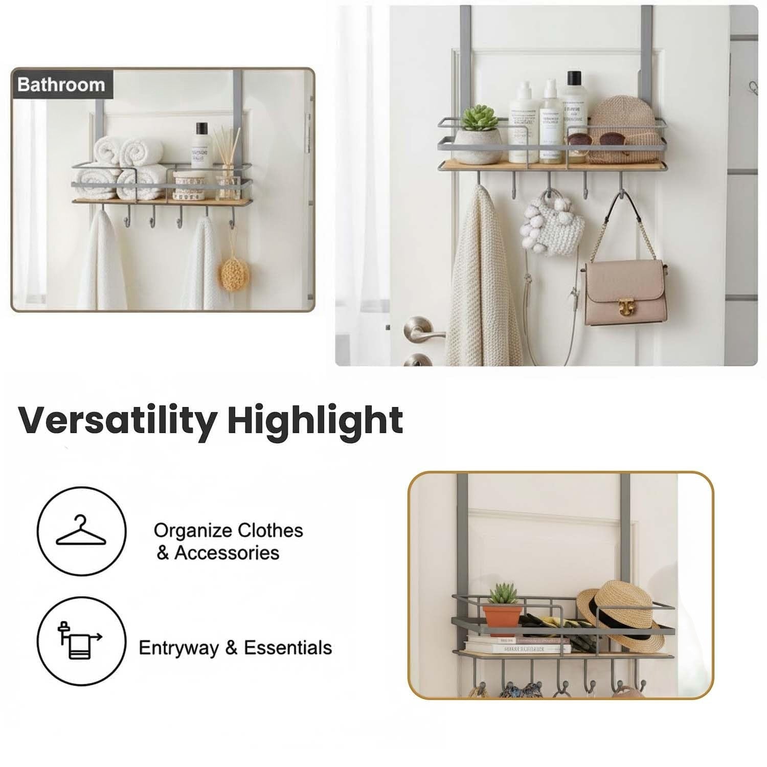 GoHooked grey metal over-door organizer rack with wooden shelf and 5 hooks, holding towels, toiletries, bags, and hats.
