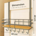 GoHooked grey metal over-door organizer with wooden shelf and 5 hooks. Space-saving storage for bathroom or wardrobe.