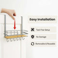 GoHooked grey metal over-door rack with wooden shelf and 5 hooks for storage. Easy installation.