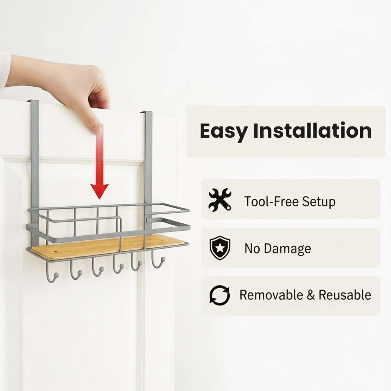 GoHooked grey metal over-door rack with wooden shelf and 5 hooks for storage. Easy installation.