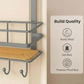 GoHooked grey metal over-door storage rack with wooden shelf and 5 hooks. Ideal for bathrooms, wardrobes, and entryways.