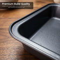 GoHooked grey non-stick carbon steel square baking pan with rolled edges for easy handling and even heat distribution.