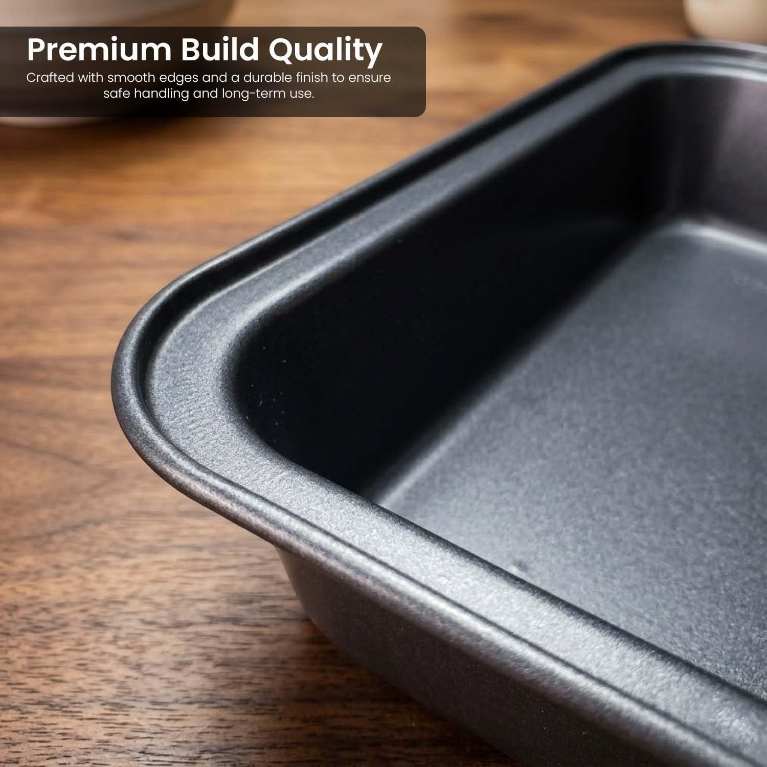 GoHooked grey non-stick carbon steel square baking pan with rolled edges for easy handling and even heat distribution.