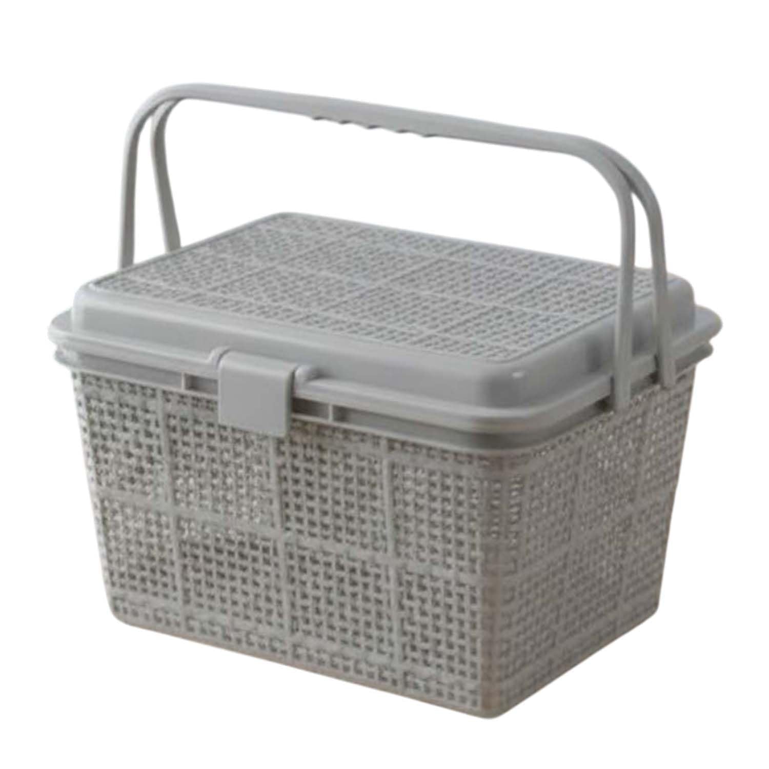 Go Hooked grey plastic picnic basket with lid and handle, ideal for toys, diapers, and essentials.