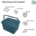 Go Hooked grey plastic picnic storage basket with lid and handle, perfect for toys, diapers, and essentials.