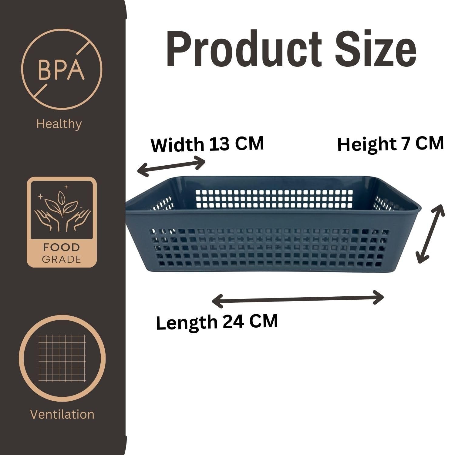 Go Hooked grey plastic storage basket with ventilation holes, 24cm L x 13cm W x 7cm H. BPA-free and food-grade.