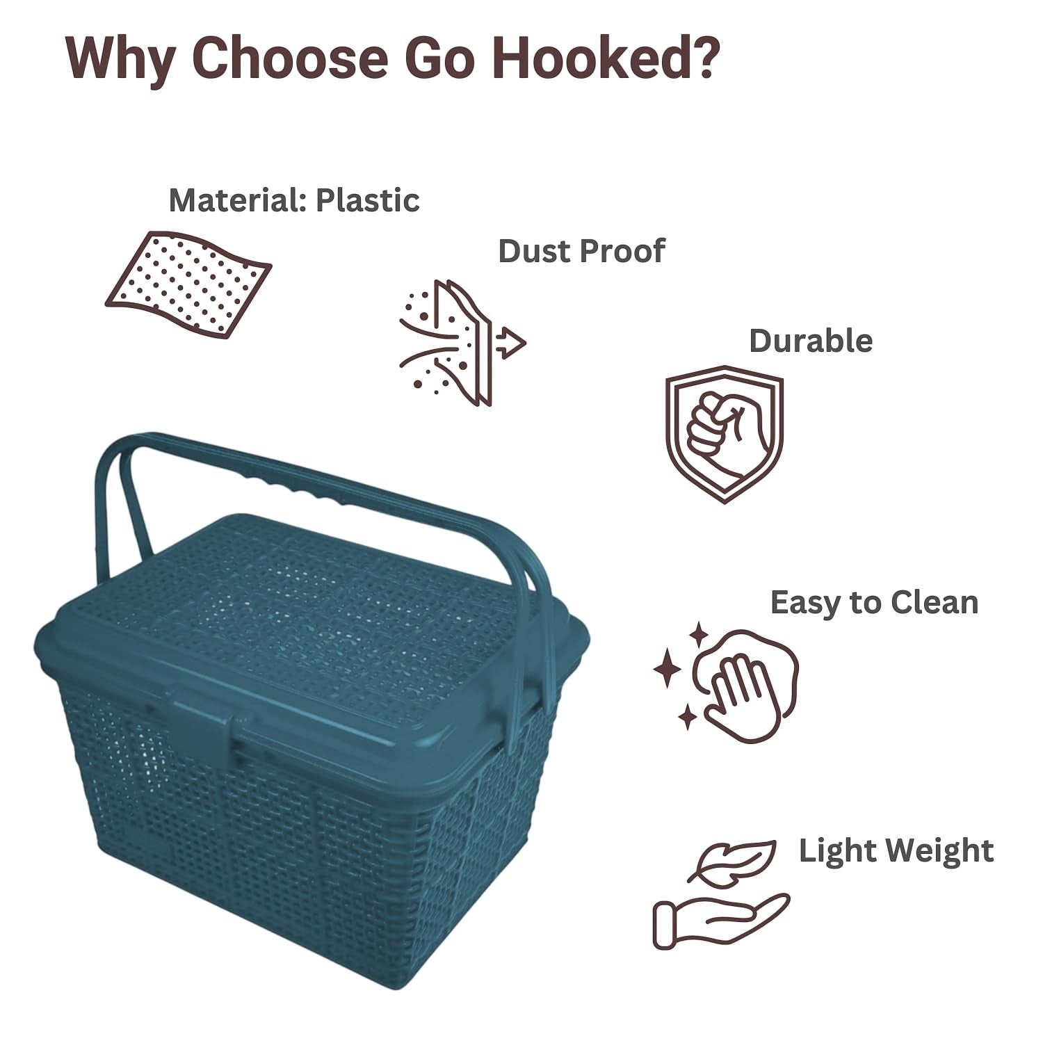 GoHooked grey plastic picnic storage basket with lid, handle, and snap lock. Durable, dust-proof, and lightweight.