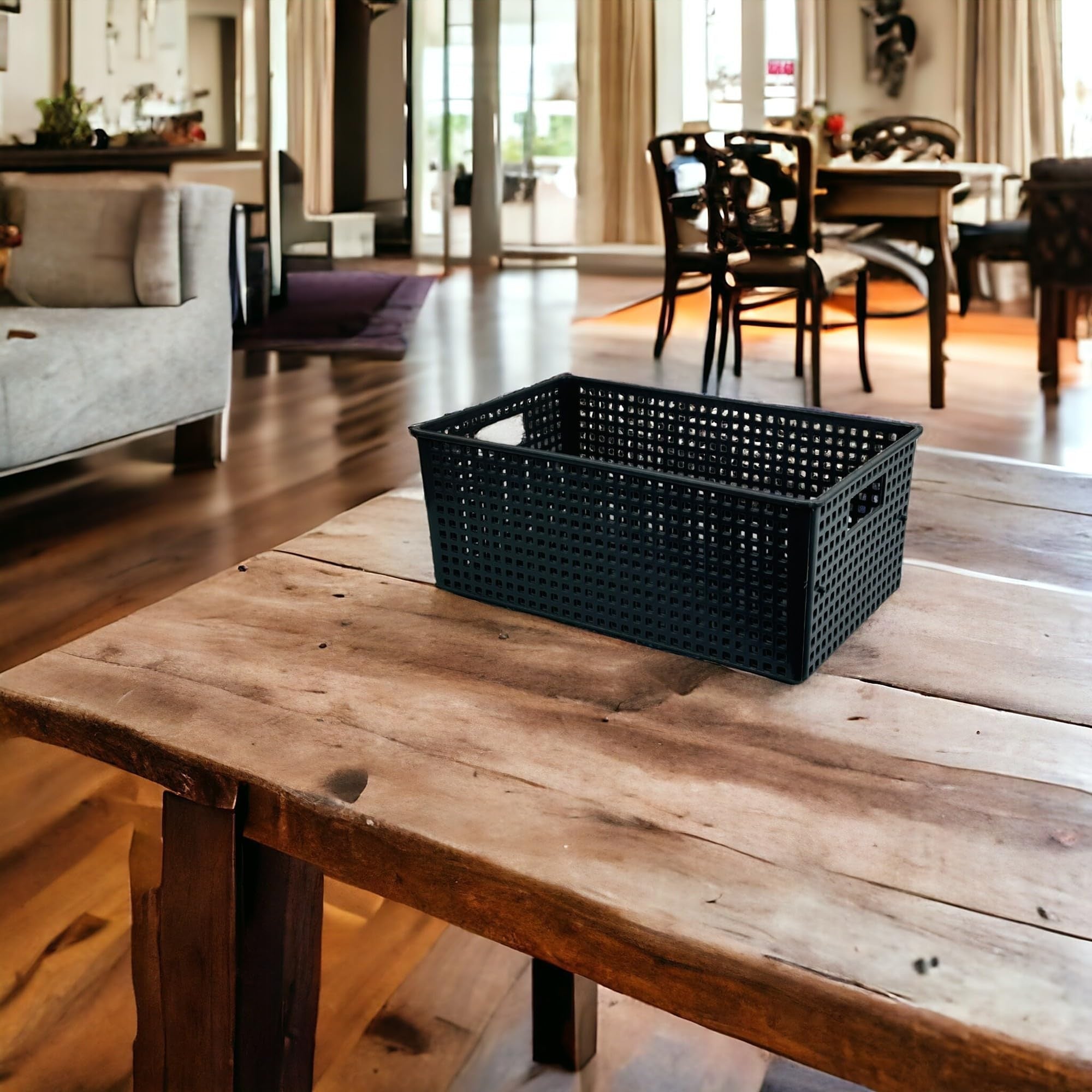 Go Hooked light grey plastic storage basket with cut-out handles, ideal for cosmetics, office, or bathroom organization.