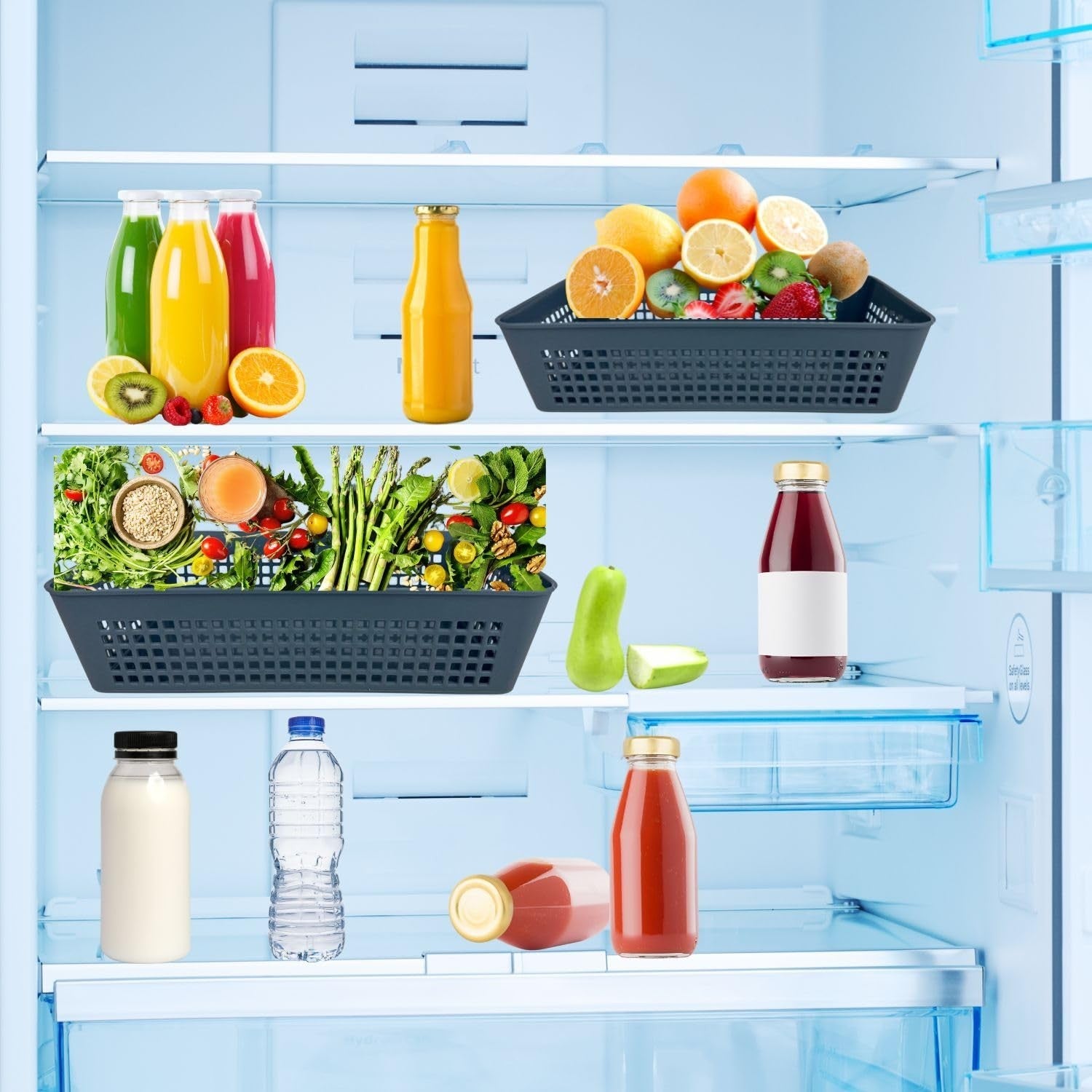Go Hooked grey plastic storage basket filled with fruits and vegetables inside a refrigerator.
