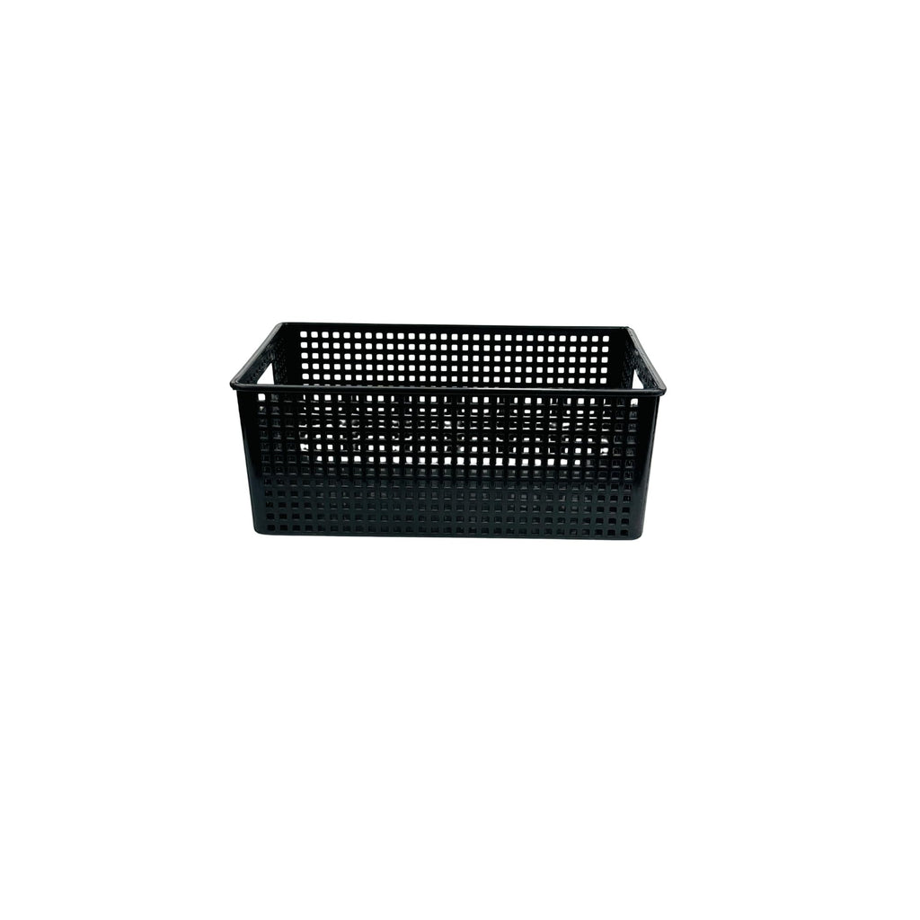 Go Hooked light grey plastic multipurpose storage basket with a perforated design, ideal for cosmetics, office supplies, or fruit.