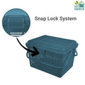 GoHooked grey plastic picnic storage basket with lid and snap lock, featuring a woven design and carrying handle.