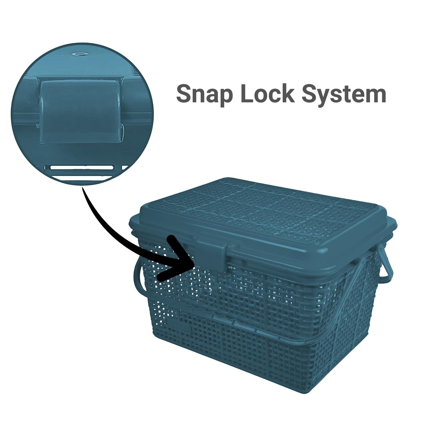 GoHooked grey plastic picnic storage basket with snap lock lid and handle. Woven design for ventilation.