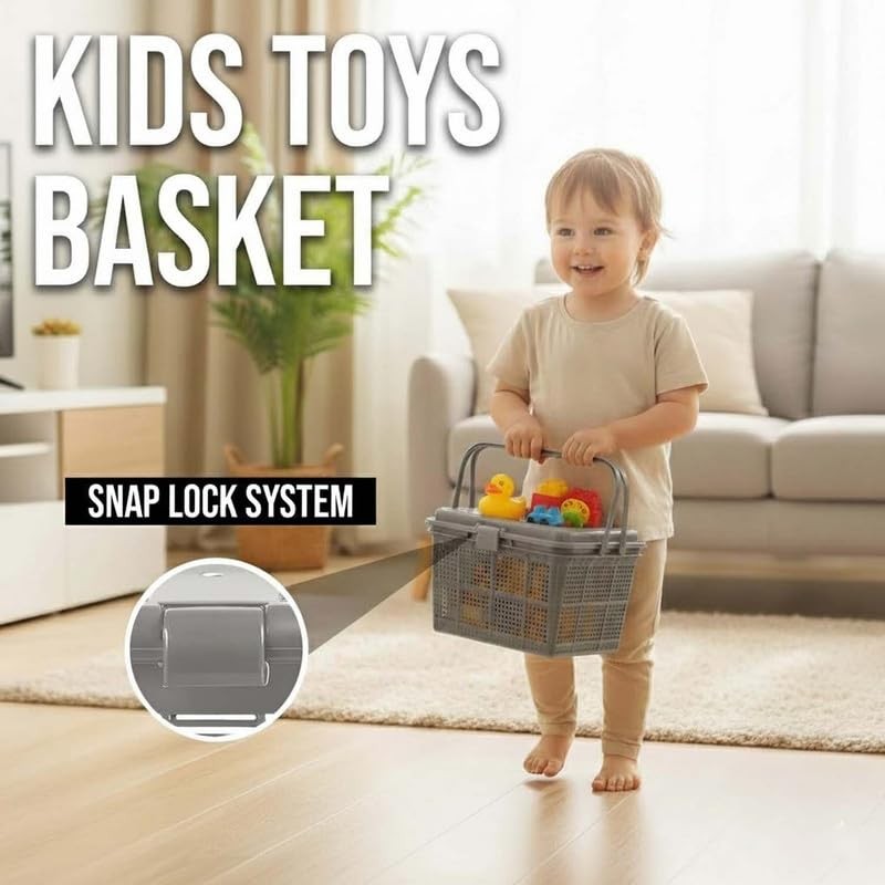GoHooked grey plastic kids picnic storage basket with snap lock lid and handle, filled with toys.