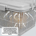 GoHooked grey plastic picnic storage basket with lid and handle, ventilated grid pattern.