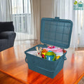 Go Hooked grey plastic storage basket with lid, handle, and snap lock, filled with baby items and toys.