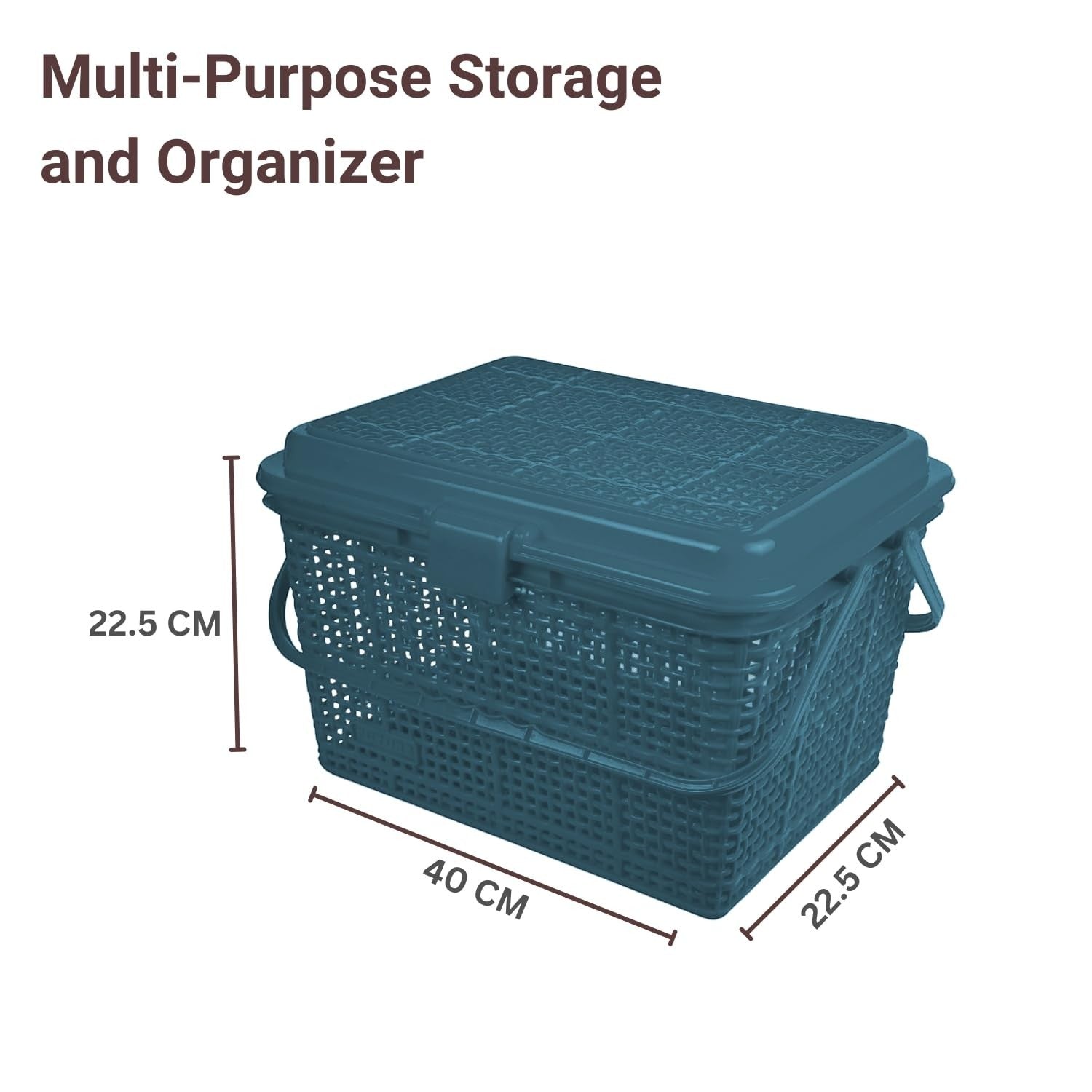 GoHooked grey plastic picnic storage basket with lid and handle. Multi-purpose organizer for toys, diapers, and essentials.