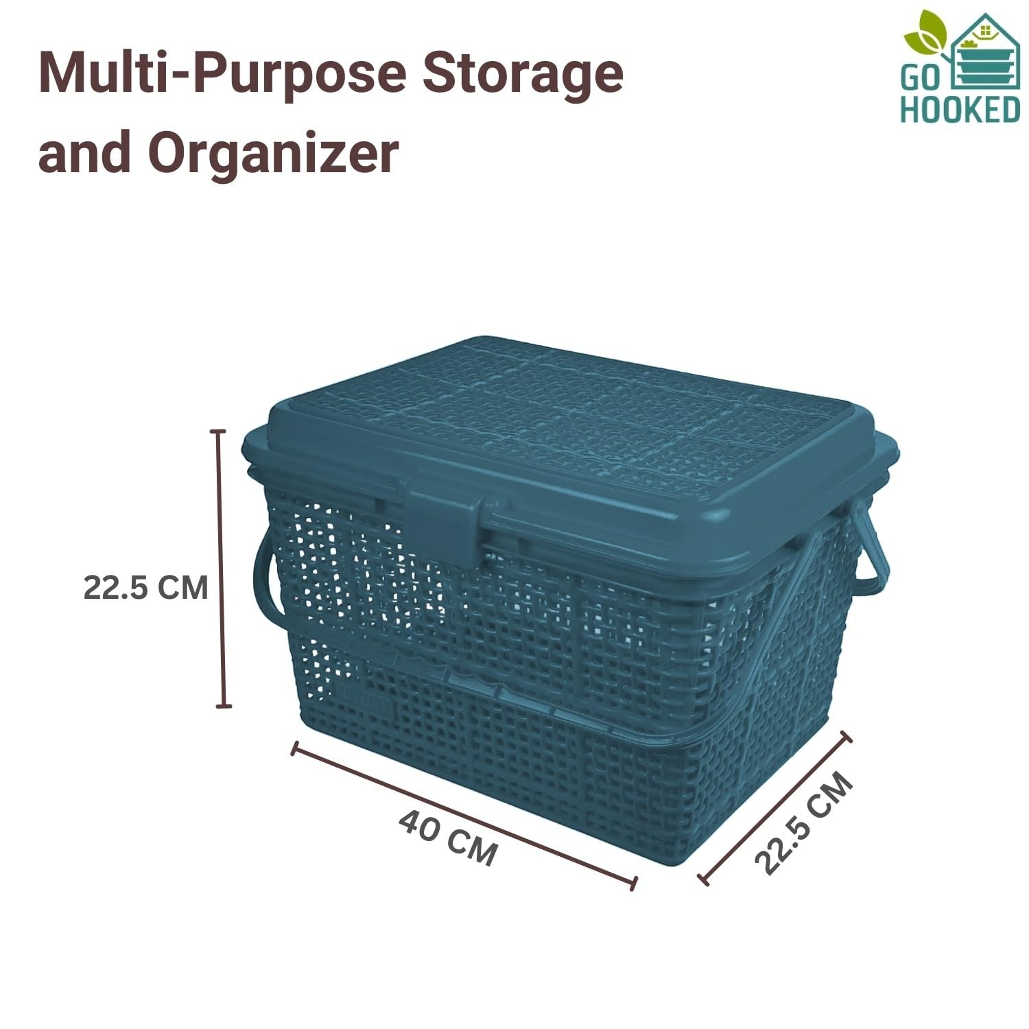 GoHooked grey plastic picnic storage basket with lid and handle, ideal for toys, diapers, and essentials.