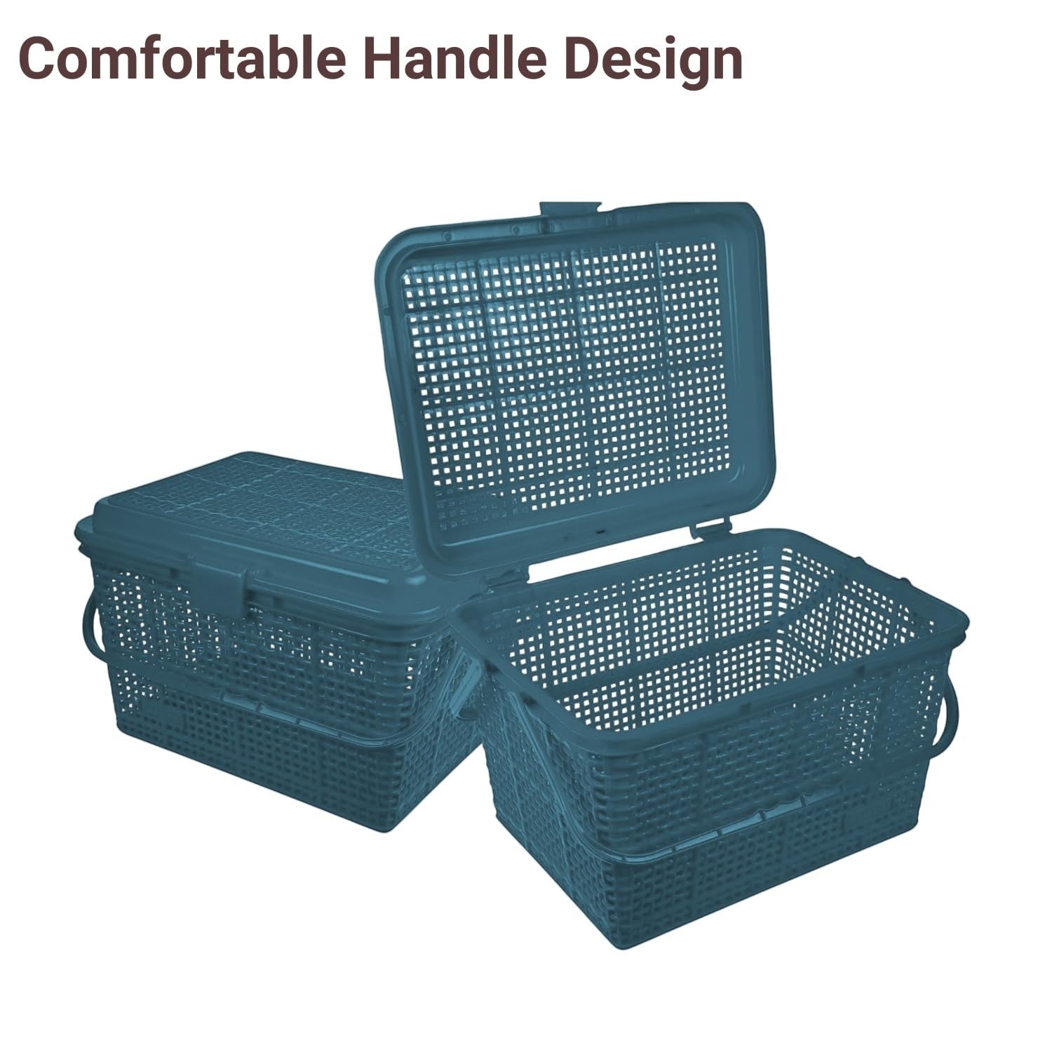 GoHooked grey plastic picnic storage basket with lid and handle, ideal for toys, diapers, and essentials.