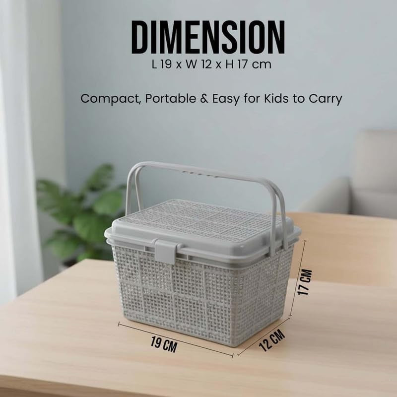 Go Hooked grey plastic picnic storage basket with lid and handle, perfect for toys, diapers, and essentials.