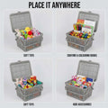 GoHooked grey plastic storage basket with lid and handle, shown organizing toys, art supplies, and kids' accessories.