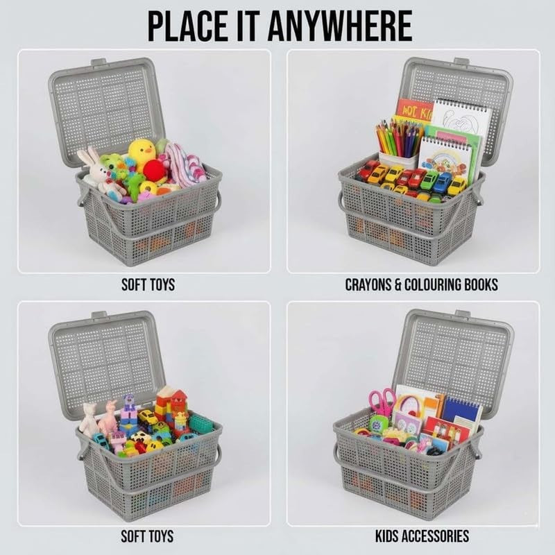 GoHooked grey plastic storage basket with lid and handle, shown organizing toys, art supplies, and kids' accessories.