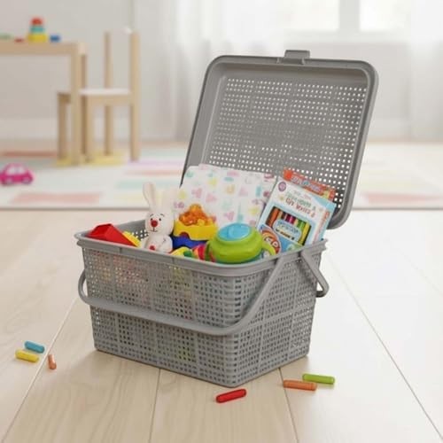 Go Hooked grey plastic picnic storage basket with lid, handle, and snap lock, filled with toys and essentials.